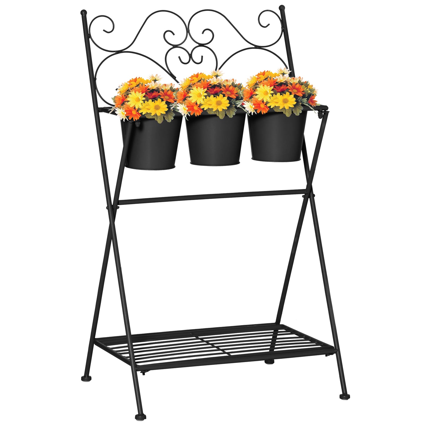 Suport pentru plante din Metal Pliabil  cu 3 Ghivece, Raft pentru Plante cu Etajera pentru Casa si Gradina, 47x37x78,5 cm, Negru