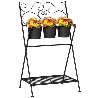 Suport pentru plante din Metal Pliabil  cu 3 Ghivece, Raft pentru Plante cu Etajera pentru Casa si Gradina, 47x37x78,5 cm, Negru