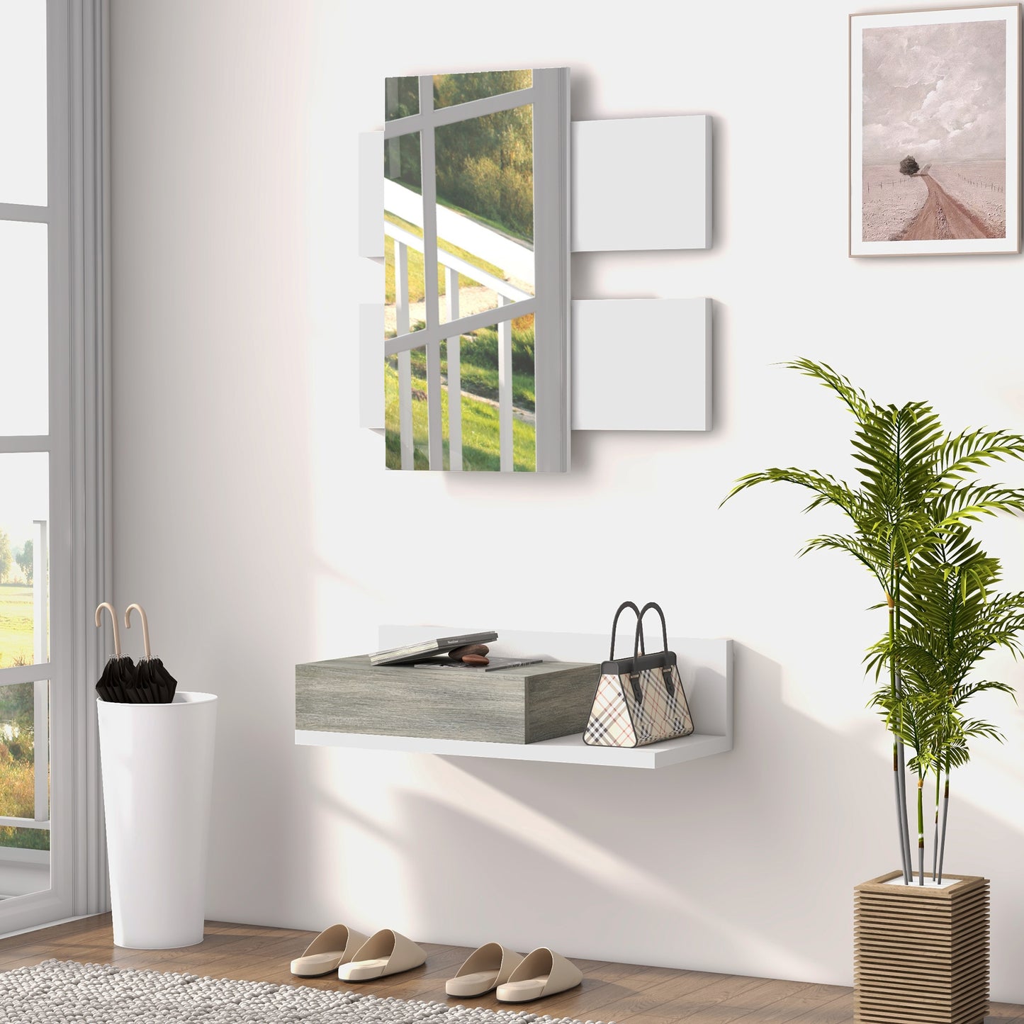 Dulap de Hol 2 în 1 cu Oglindă de Perete 75x3,5x75 cm și Sertar 75x30,5x20 cm, Gri și Alb