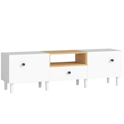 Mobil TV 70" max cu 2 uși rabatabile, sertar și raft deschis, din lemn, 150x35x45 cm, alb și culoare lemn