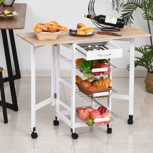 Carucior de Bucatarie Extensibil cu 3 sertare, MDF/Metal, 37x37x77.5 cm, Alb