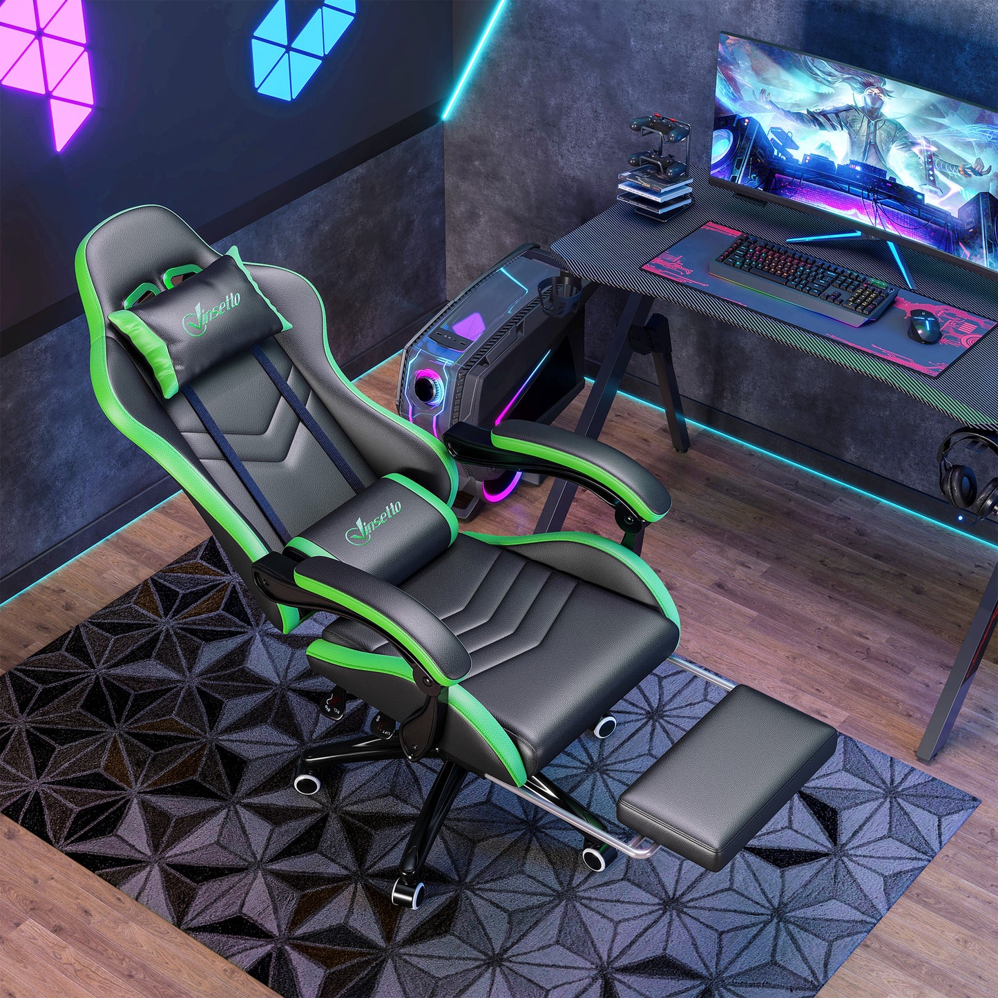 Scaun de Gaming cu Înălțime Reglabilă și Spătar Rabatabil, 65x65x121-129 cm, Negru și Verde