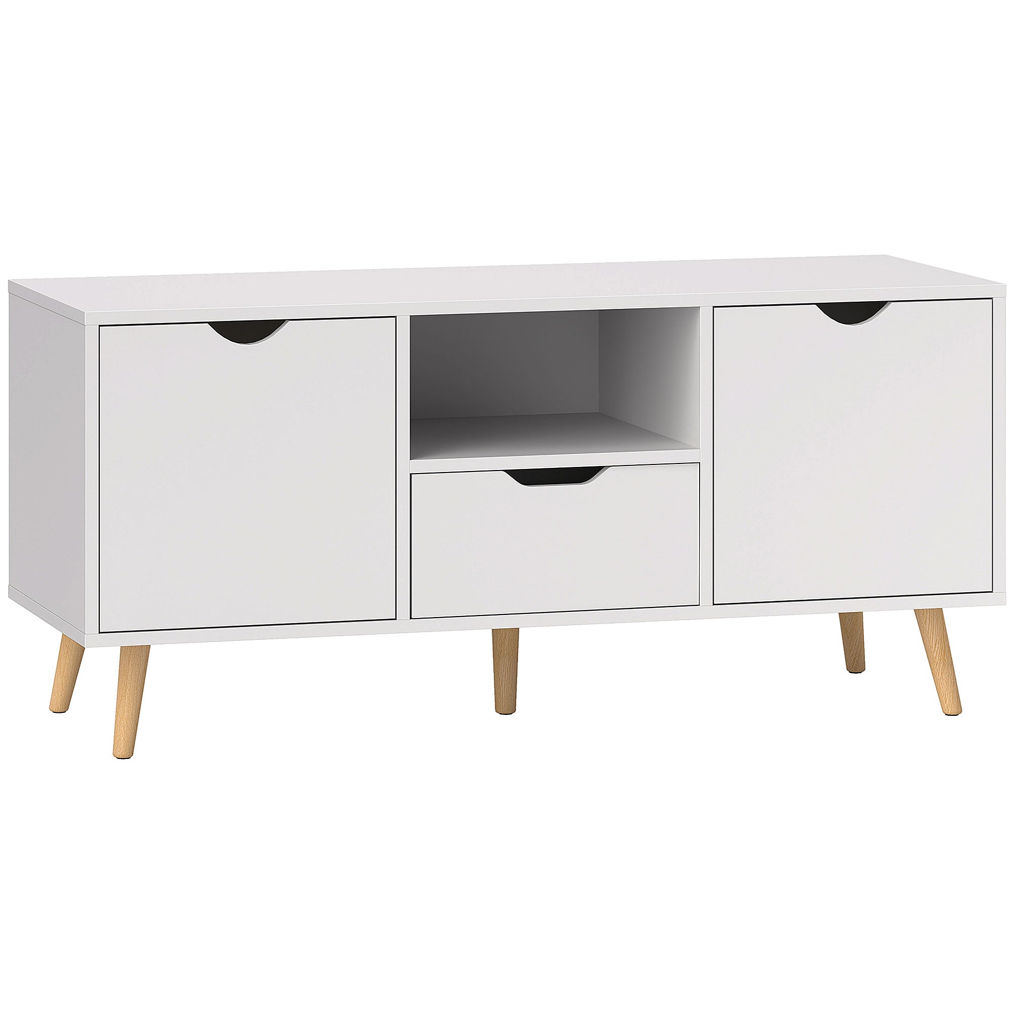 Mobilier TV de 50" cu Sertar, Raft Deschis și 2 Dulapuri, Mobilier TV cu 5 Picioare din Lemn, 110x40x50 cm, Alb