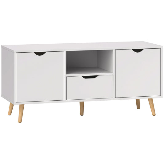 Mobilier TV de 50" cu Sertar, Raft Deschis și 2 Dulapuri, Mobilier TV cu 5 Picioare din Lemn, 110x40x50 cm, Alb