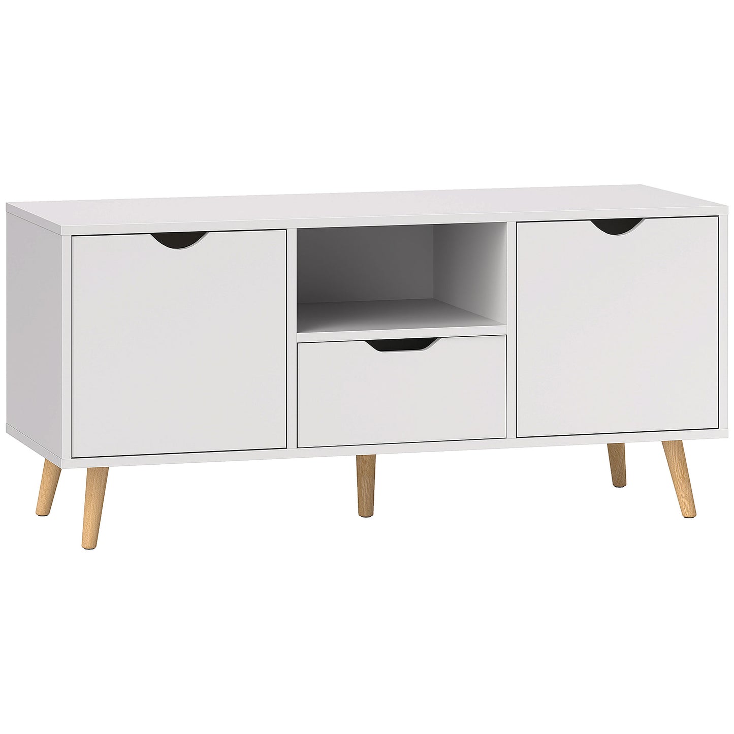 Mobilier TV de 50" cu Sertar, Raft Deschis și 2 Dulapuri, Mobilier TV cu 5 Picioare din Lemn, 110x40x50 cm, Alb