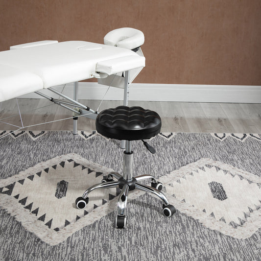 Taburet  Reglabil pe Inaltime cu 5 Roti Pivotante, din Otel, Spuma de Cauciuc si Imitatie de Piele, Ф48x47-59lcm, Negru