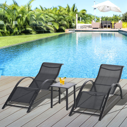 Set 2 Șezlonguri de Grădină și Măsuță cu Raft, Material Respirabil și Cadru Metalic, 59x169x66 cm, Negru