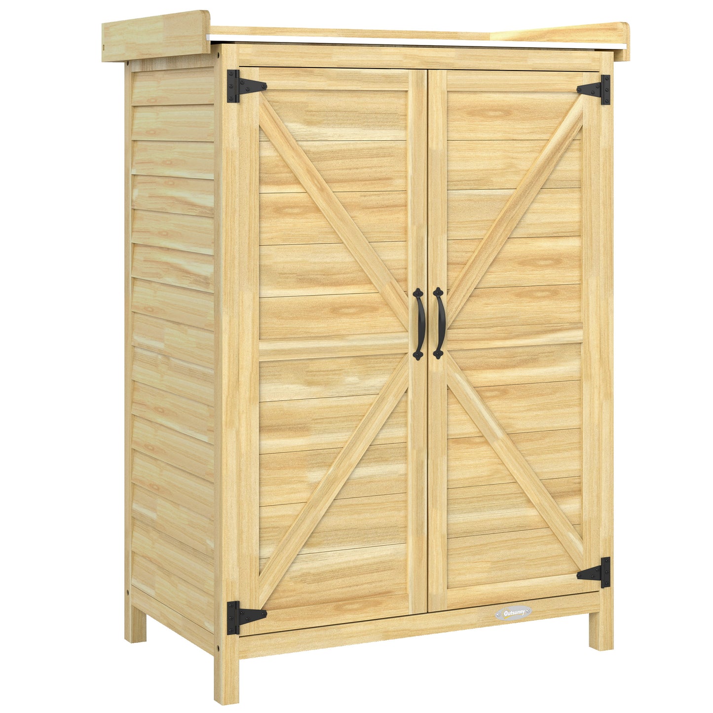 Dulap de Grădină din Lemn de Brad cu Rafturi și Cârlige Laterale, Dulap cu Uși Duble și Blat din Oțel Galvanizat pentru Terasă, 71,5x39x95cm, Natural