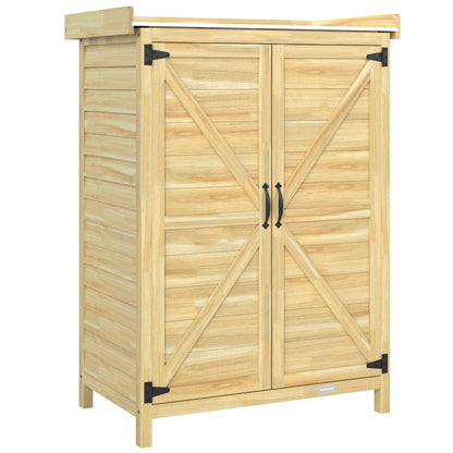 Dulap de Grădină din Lemn de Brad cu Rafturi și Cârlige Laterale, Dulap cu Uși Duble și Blat din Oțel Galvanizat pentru Terasă, 71,5x39x95cm, Natural