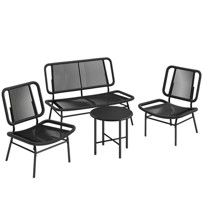 Set Mobilier Grădină Ratan 4 Piese, Canapea pentru Exterior cu Măsuță Metalică, Negru