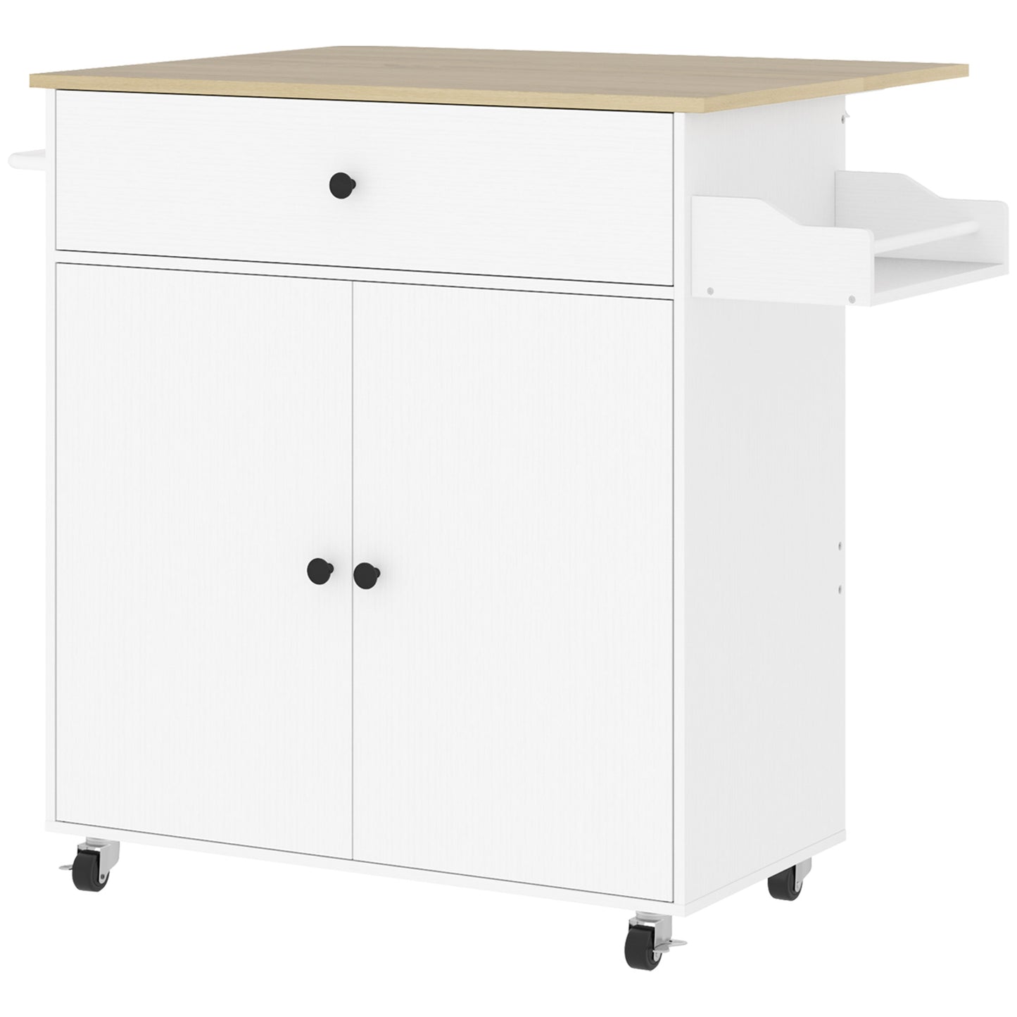 Insulă de Bucătărie cu Sertar, Dulap, Suport pentru Condimente și Prosoape, 106x42x87 cm, Alb și Stejar