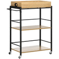 Carucior de bucatarie cu 3 rafturi si tava detasabila e roti mobile, carucior de bucatarie in stil industrial 65x40x86cm, lemn si negru