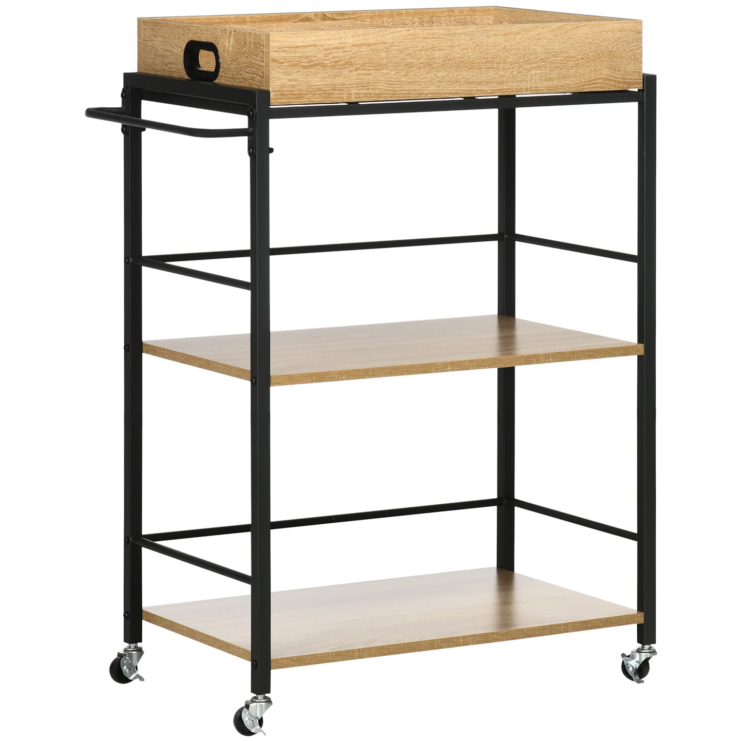 Carucior de bucatarie cu 3 rafturi si tava detasabila e roti mobile, carucior de bucatarie in stil industrial 65x40x86cm, lemn si negru