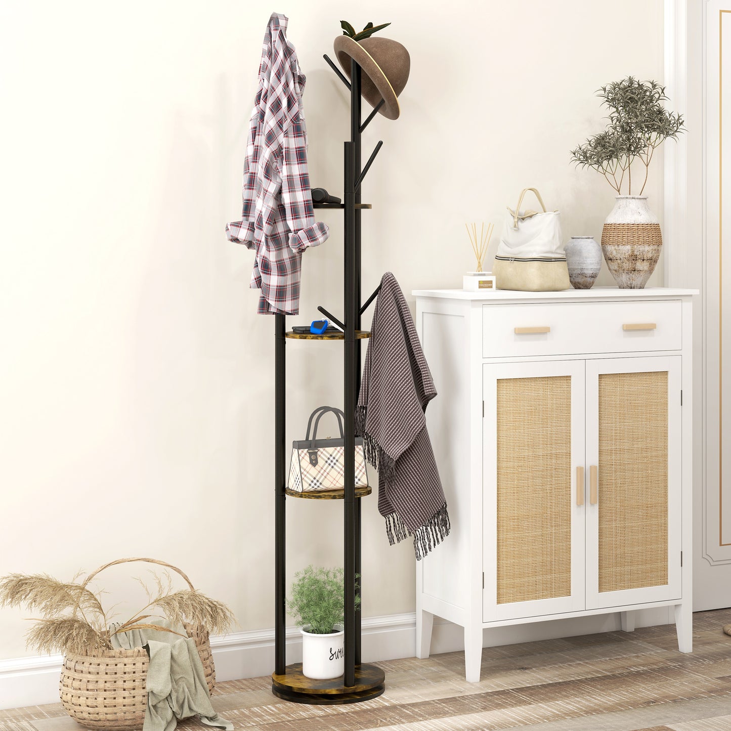 Cuier rotativ de podea cu 8 cârlige și 4 rafturi, stil industrial, Ø30x175cm, maro