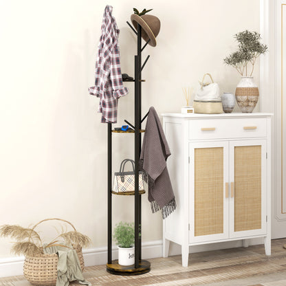 Cuier rotativ de podea cu 8 cârlige și 4 rafturi, stil industrial, Ø30x175cm, maro