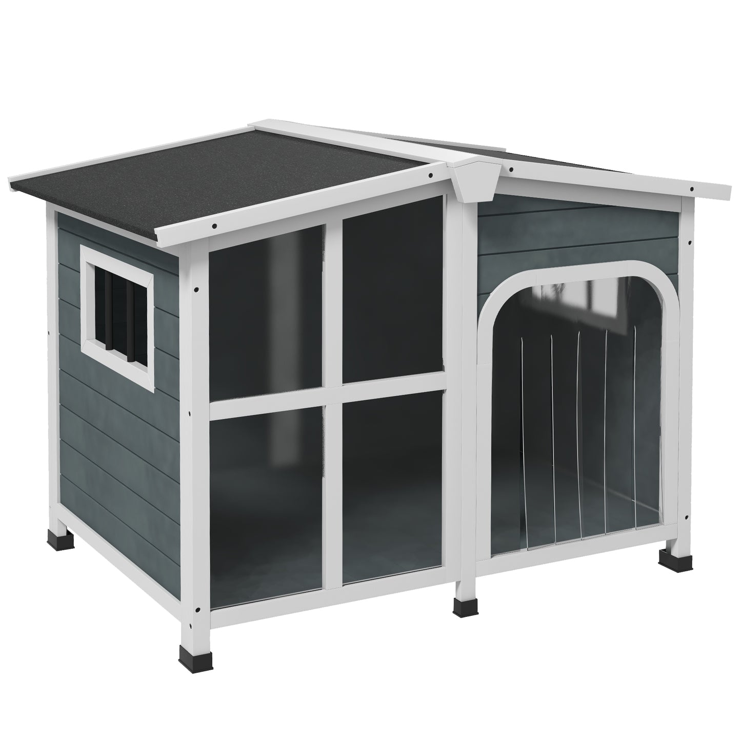 Căsuță pentru Câini din Lemn, cu Tendă de Protecție, Fereastră și Acoperiș Rabatabil, 101x66,5x70,5cm, Gri Închis