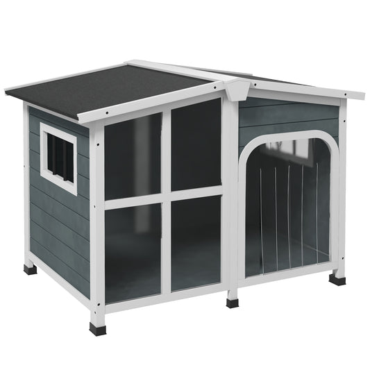 Căsuță pentru Câini din Lemn, cu Tendă de Protecție, Fereastră și Acoperiș Rabatabil, 101x66,5x70,5cm, Gri Închis