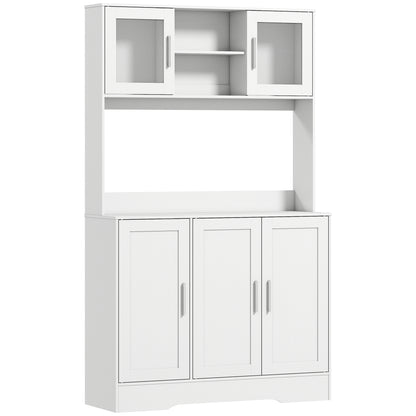 Servantă de Bucătărie înaltă de 180 cm, Dulap Dispensa cu 4 Dulapuri, Uși din Sticlă Securizată, 2 Rafturi Deschise, Rafturi Reglabile, Blat pentru Cuptorul cu Microunde, pentru Sala de Prânz sau Living, Alb
