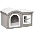 Casuta pentru Pisici de Interior cu 2 Intrari si Fereastra, Perna si Baza Anti - Alunecare, 63.5x37x40cm - Alb/Gri