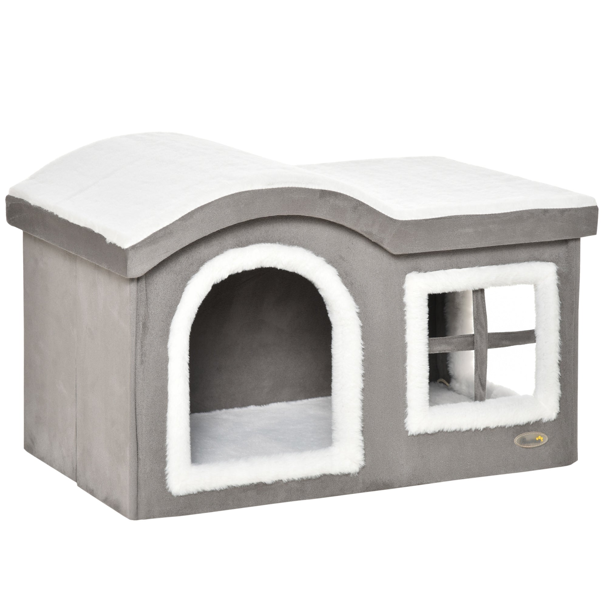 Casuta pentru Pisici de Interior cu 2 Intrari si Fereastra, Perna si Baza Anti - Alunecare, 63.5x37x40cm - Alb/Gri