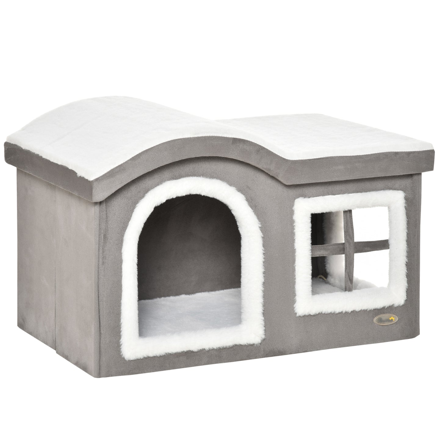 Casuta pentru Pisici de Interior cu 2 Intrari si Fereastra, Perna si Baza Anti - Alunecare, 63.5x37x40cm - Alb/Gri