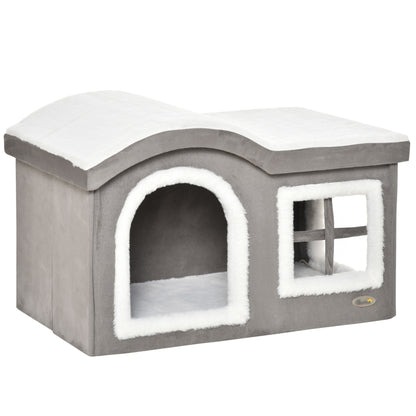 Casuta pentru Pisici de Interior cu 2 Intrari si Fereastra, Perna si Baza Anti - Alunecare, 63.5x37x40cm - Alb/Gri