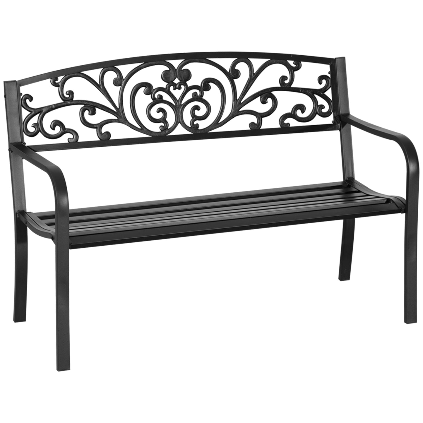 Banca de gradina din metal cu spătar decorat, 127x60x87cm – negru