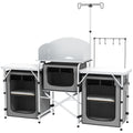 Bucătărie de Camping Pliabilă cu 3 Niveluri, 5 Rafturi Interioare și 4 Cârlige, 172x48x119 cm, Gri și Argintiu