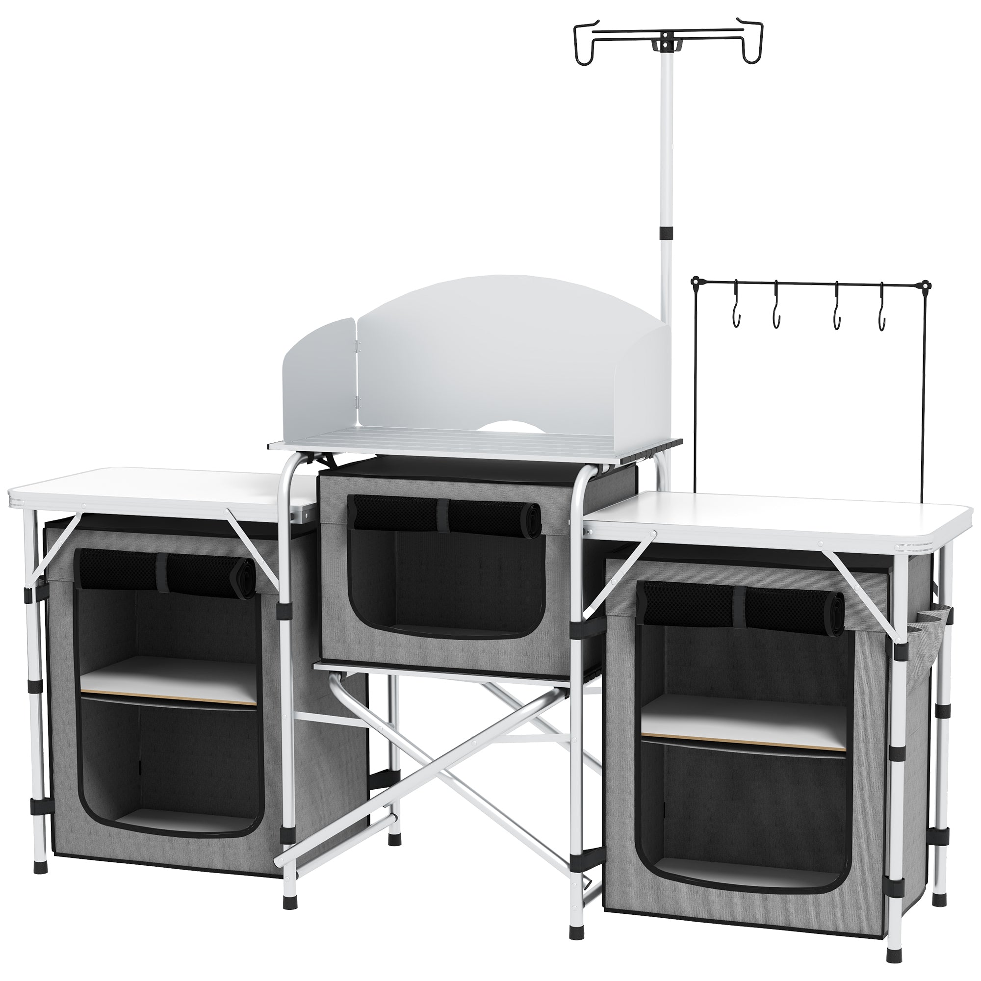 Bucătărie de Camping Pliabilă cu 3 Niveluri, 5 Rafturi Interioare și 4 Cârlige, 172x48x119 cm, Gri și Argintiu