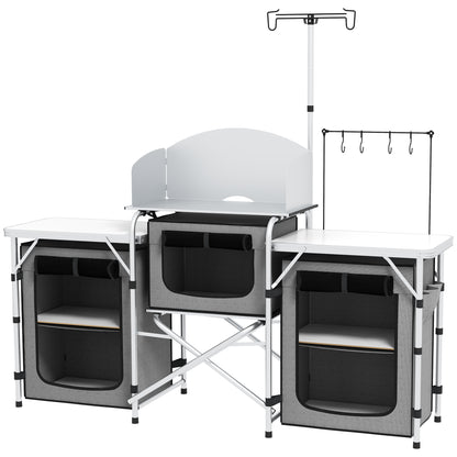 Bucătărie de Camping Pliabilă cu 3 Niveluri, 5 Rafturi Interioare și 4 Cârlige, 172x48x119 cm, Gri și Argintiu