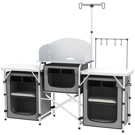 Bucătărie de Camping Pliabilă cu 3 Niveluri, 5 Rafturi Interioare și 4 Cârlige, 172x48x119 cm, Gri și Argintiu