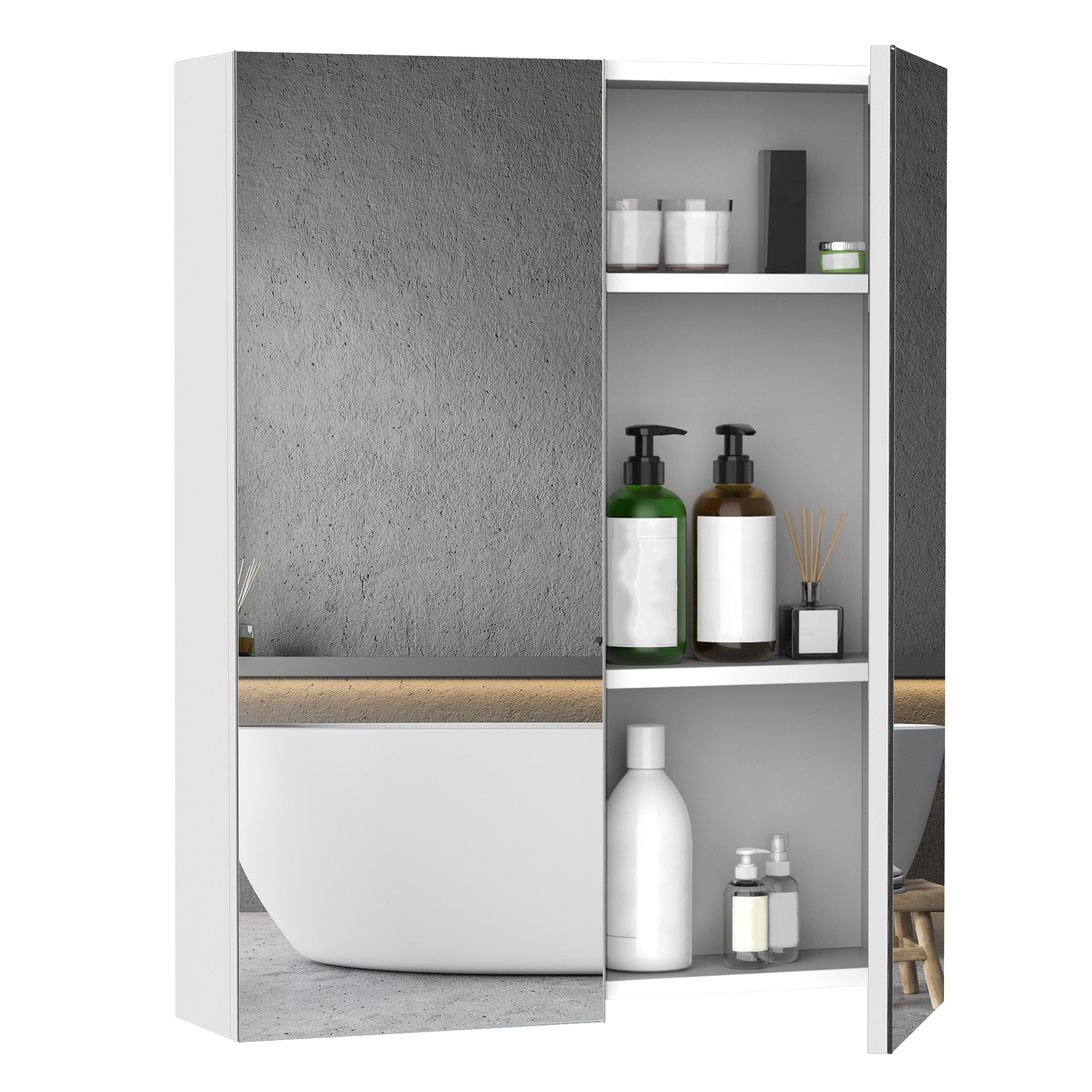 Dulap de Baie Suspendat cu Două Uși Frontale, Oglindă și 2 Rafturi Interioare din MDF, 60x15x75 cm, Alb