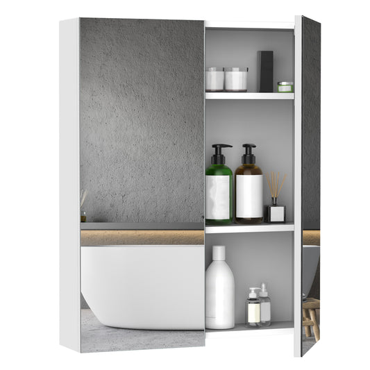 Dulap de Baie Suspendat cu Două Uși Frontale, Oglindă și 2 Rafturi Interioare din MDF, 60x15x75 cm, Alb