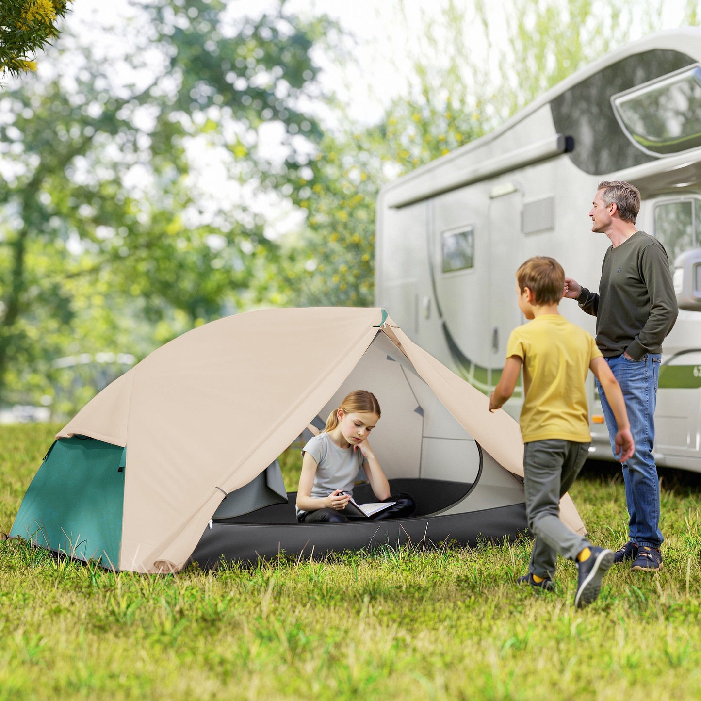 Cort de Camping pentru 2 Persoane cu 2 Uși, 2 Ferestre cu Plasă și Geantă de Transport, 280x225x110 cm, Bej