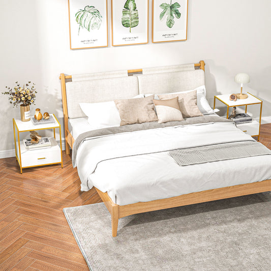 Set de 2 noptiere moderne cu sertar și raft deschis, 50x40x55 cm, alb și auriu