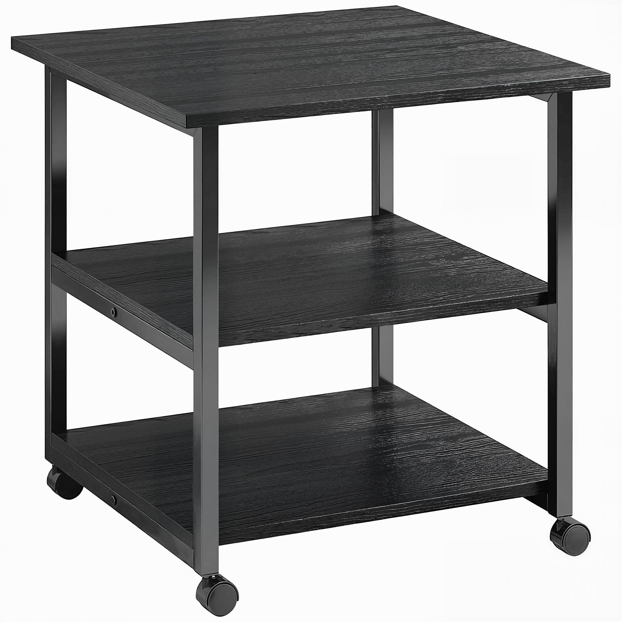 Dulap mobil pentru imprimantă cu 3 rafturi și 4 roți, lemn și oțel, 50x50x52,5cm, negru