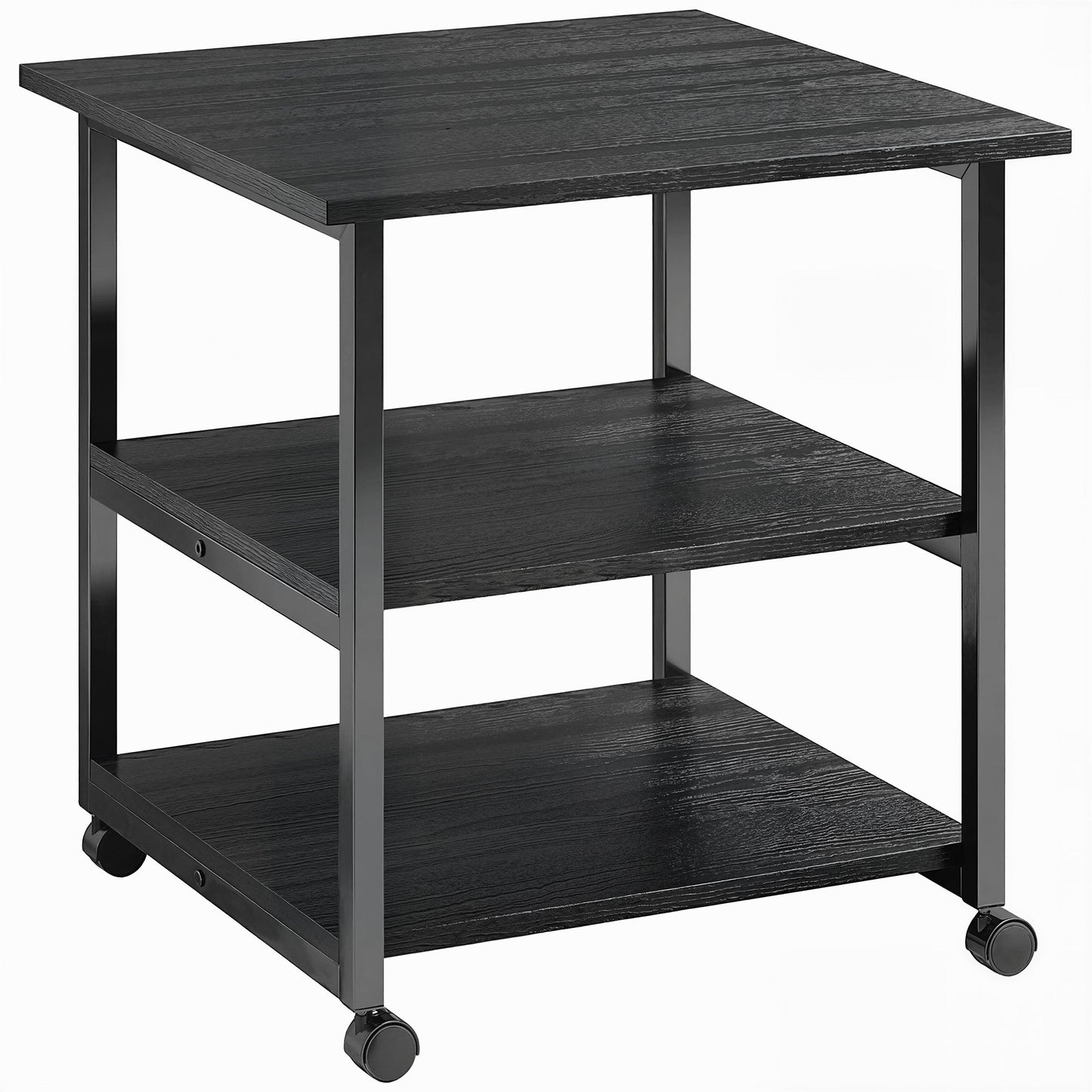 Dulap mobil pentru imprimantă cu 3 rafturi și 4 roți, lemn și oțel, 50x50x52,5cm, negru