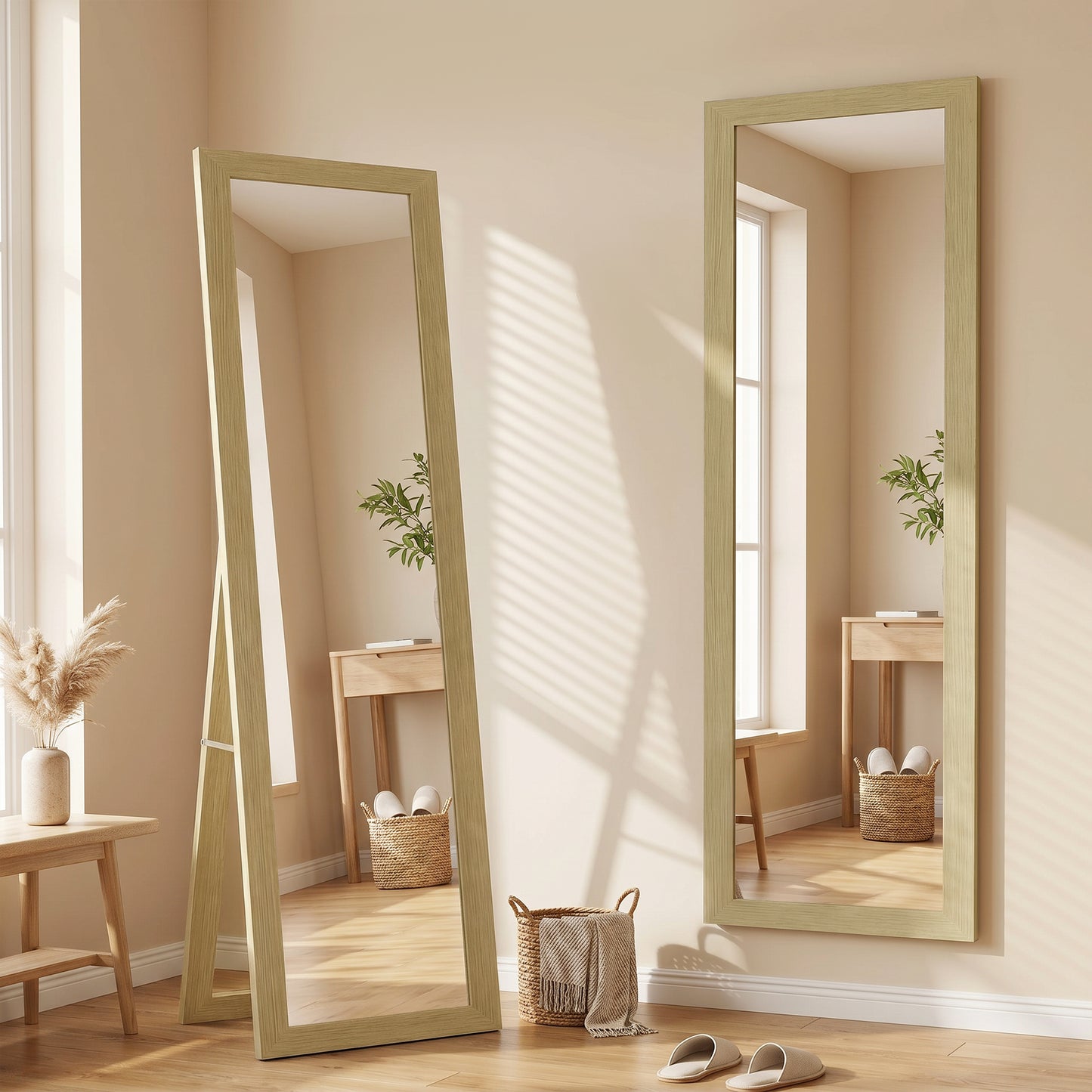 Oglindă cu Ramă din MDF, Picioare și Cârlige pentru Utilizare pe Podea sau pe Perete, 37x40x155 cm, Lemn Natural