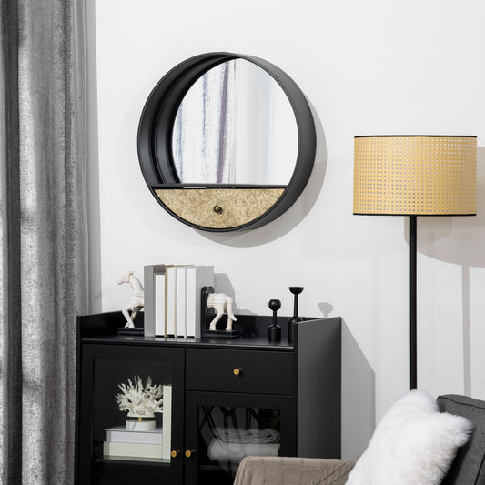 Oglinda de perete rotunda Ø61cm, oglinda decorativa cu sertar si cadru din metal si MDF, negru