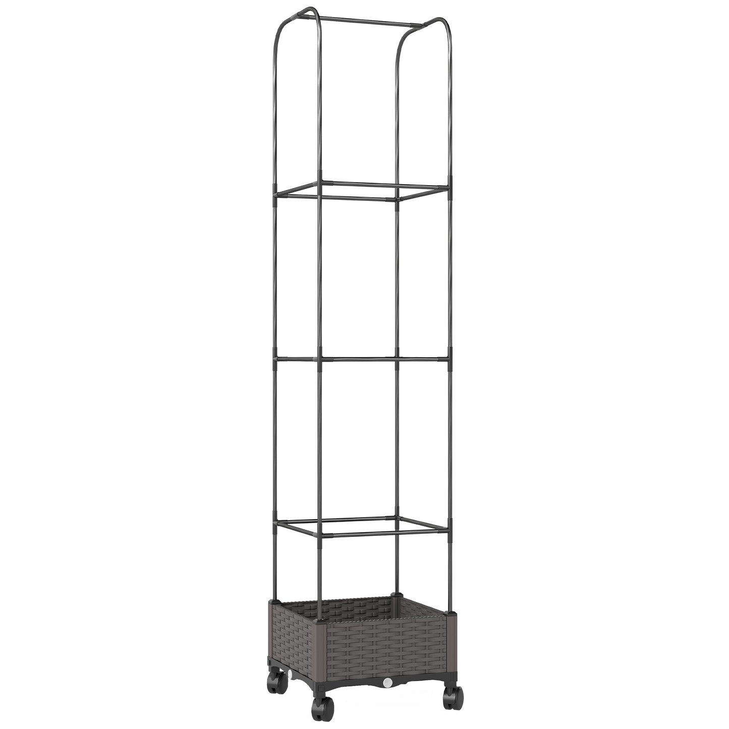 Jardinieră Înălțată Autoirigantă din Metal cu Spalier de 185 cm, cu 4 Roți Blocabile pentru Plante Cățărătoare, Recipient cu Găuri de Drenaj pentru Legume și Flori, Negru