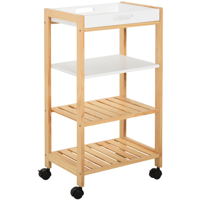 Carucior de bucatarie cu 4 nivele din MDF si lemn de pin cu 4 roti pivotante, 40x30x76 cm, alb si maro