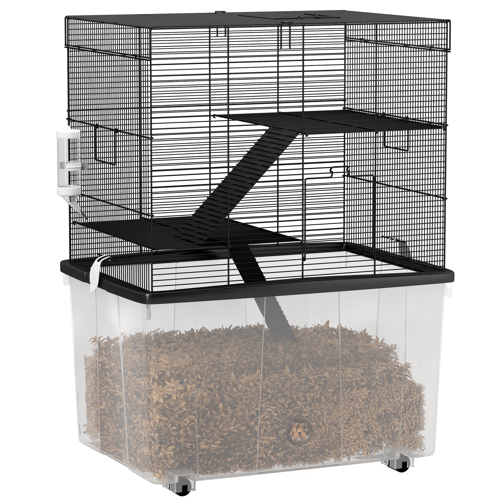 Cușcă pentru Hamsteri cu 3 Etaje, Roți, 2 Platforme, Rampe, Castron și Sticlă, 58x43x74 cm, Negru
