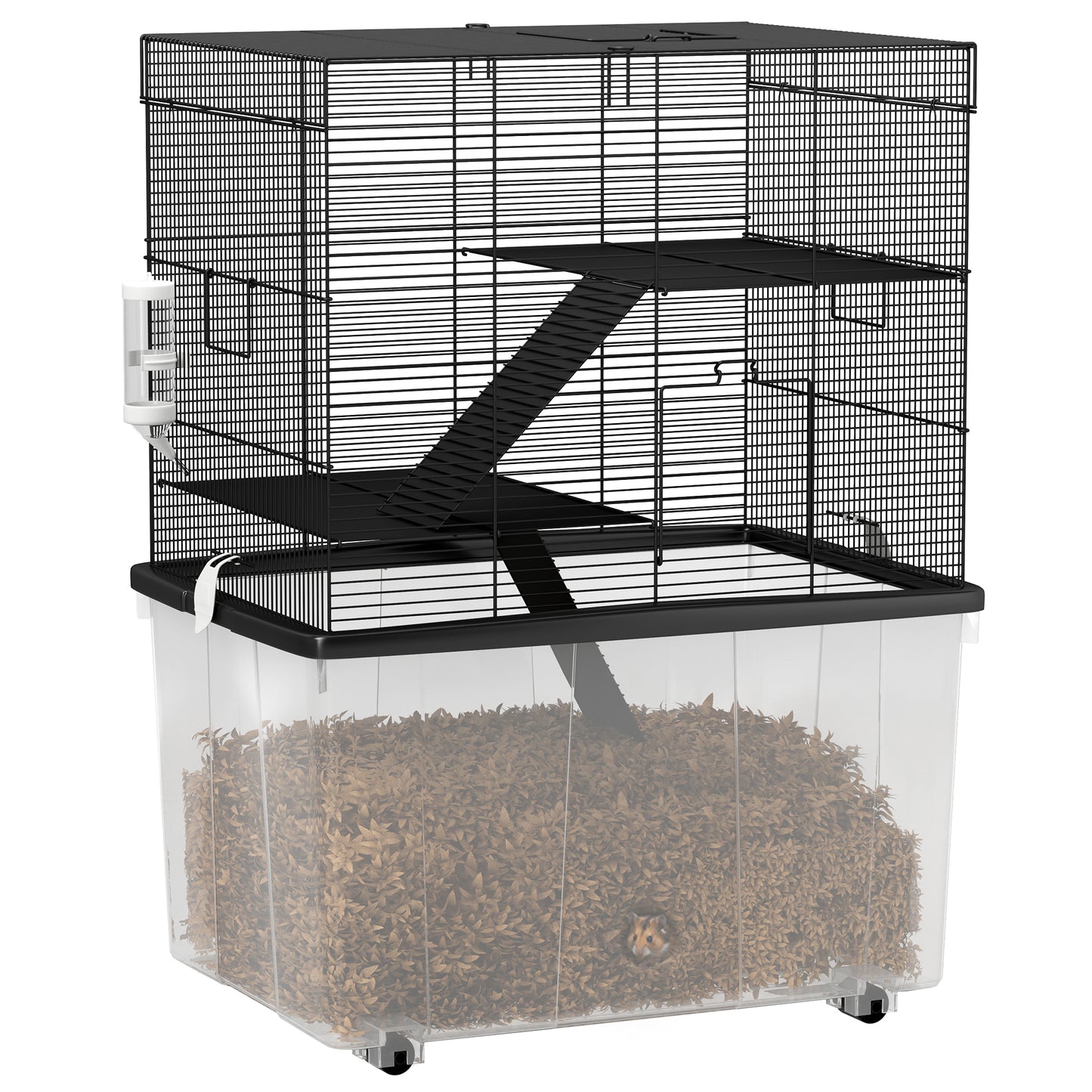 Cușcă pentru Hamsteri cu 3 Etaje, Roți, 2 Platforme, Rampe, Castron și Sticlă, 58x43x74 cm, Negru