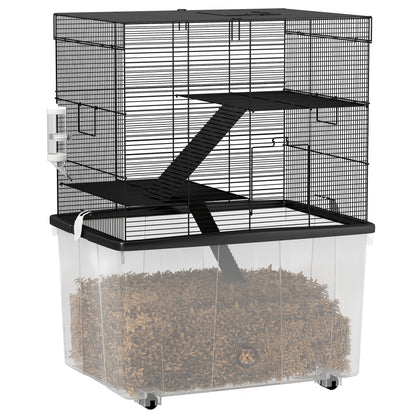 Cușcă pentru Hamsteri cu 3 Etaje, Roți, 2 Platforme, Rampe, Castron și Sticlă, 58x43x74 cm, Negru