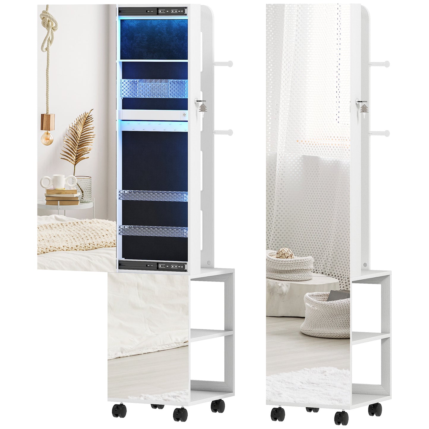 Dulap pentru Bijuterii cu Oglindă Rotativă 360°, Lumină LED Reglabilă, Încuietoare și Rafturi, 37x40x165,5 cm, Negru