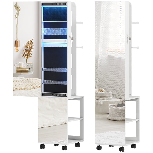 Dulap pentru Bijuterii cu Oglindă Rotativă 360°, Lumină LED Reglabilă, Încuietoare și Rafturi, 37x40x165,5 cm, Negru