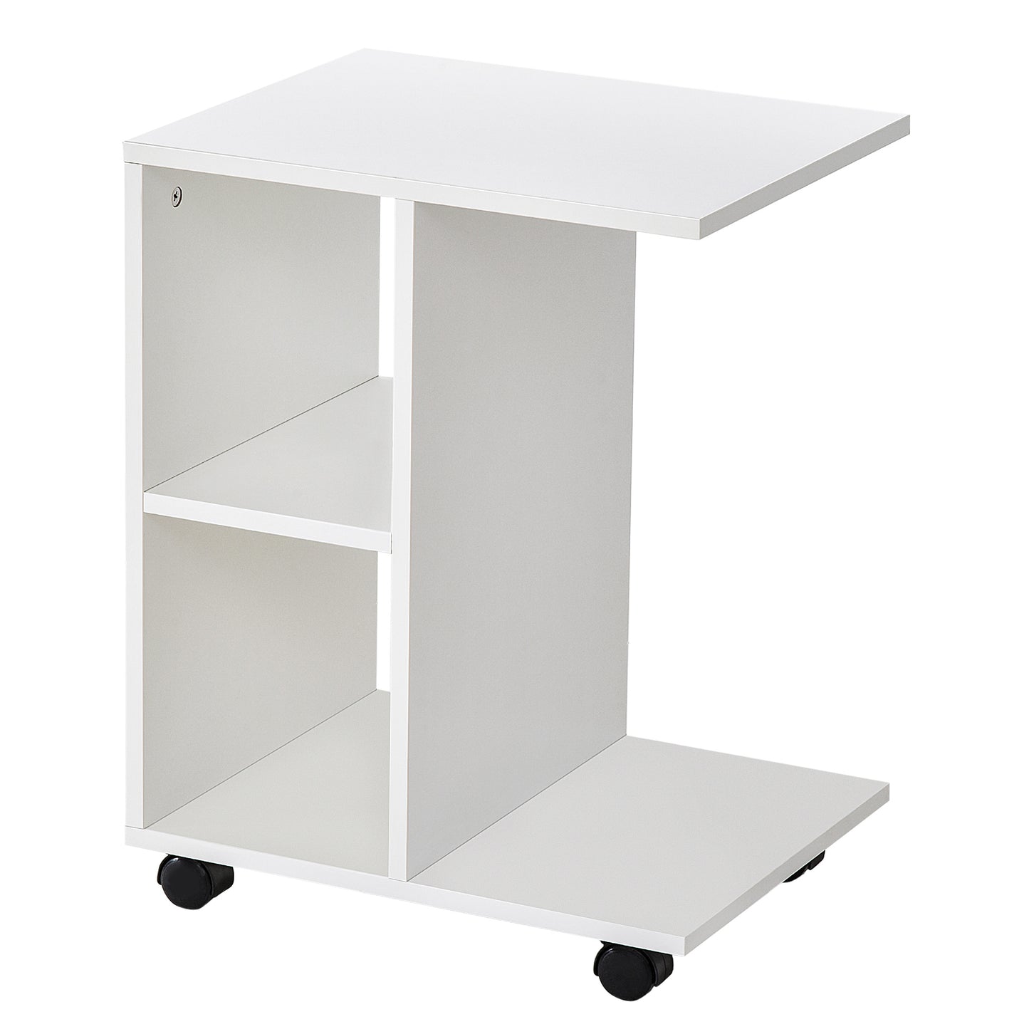 Masa Living cu 2 rafturi deschise si 4 roti pivotante, MDF, 45x35x58cm, alb