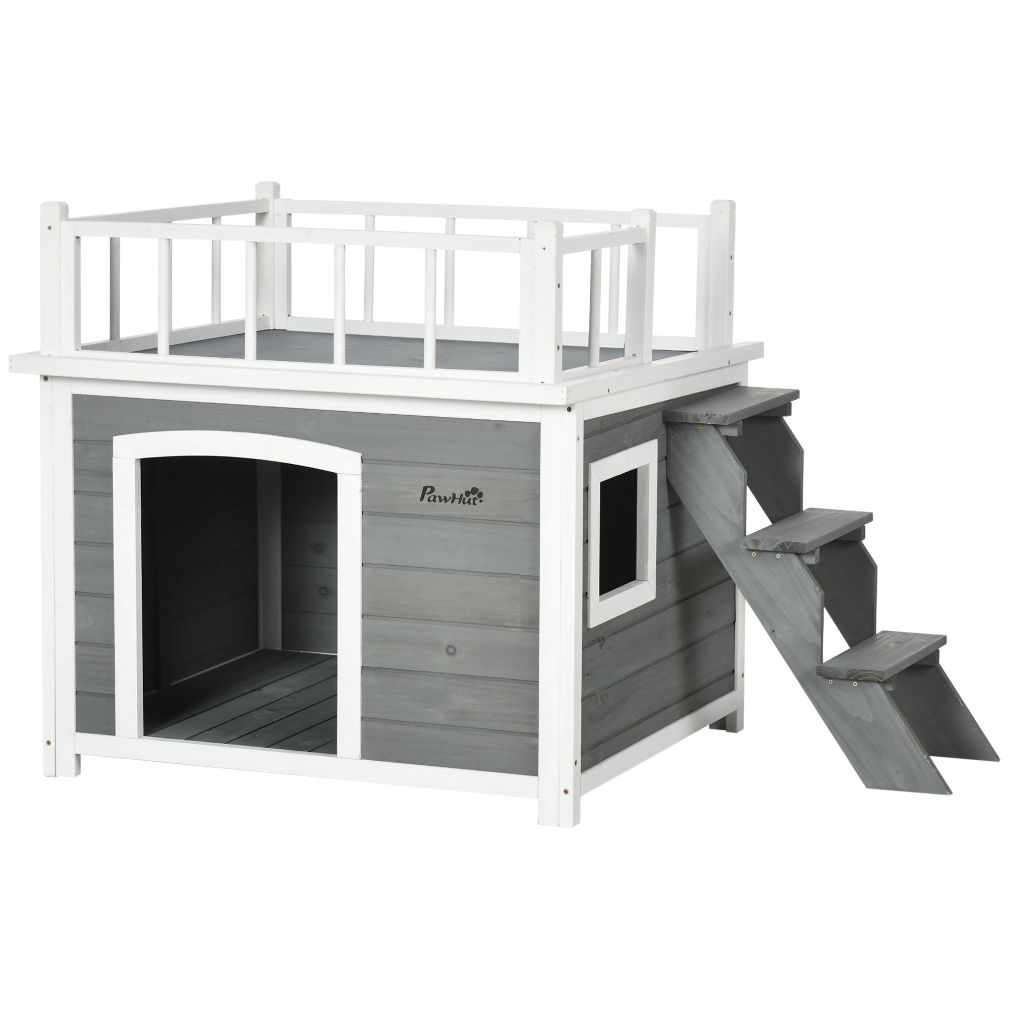 Cusca de exterior pentru caini cu balcon, scari, Cusca pentru caini rezistenta la intemperii cu picioare inaltate, ferestre, pentru caini de talie mica si medie