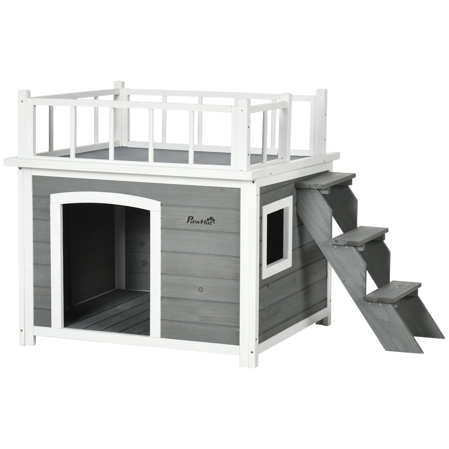 Cusca de exterior pentru caini cu balcon, scari, Cusca pentru caini rezistenta la intemperii cu picioare inaltate, ferestre, pentru caini de talie mica si medie