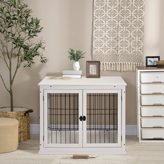 Casuta pentru Caini de pana la 30 kg de Interior din Lemn si Otel, 58,5 x 81 x 66 cm - Alba